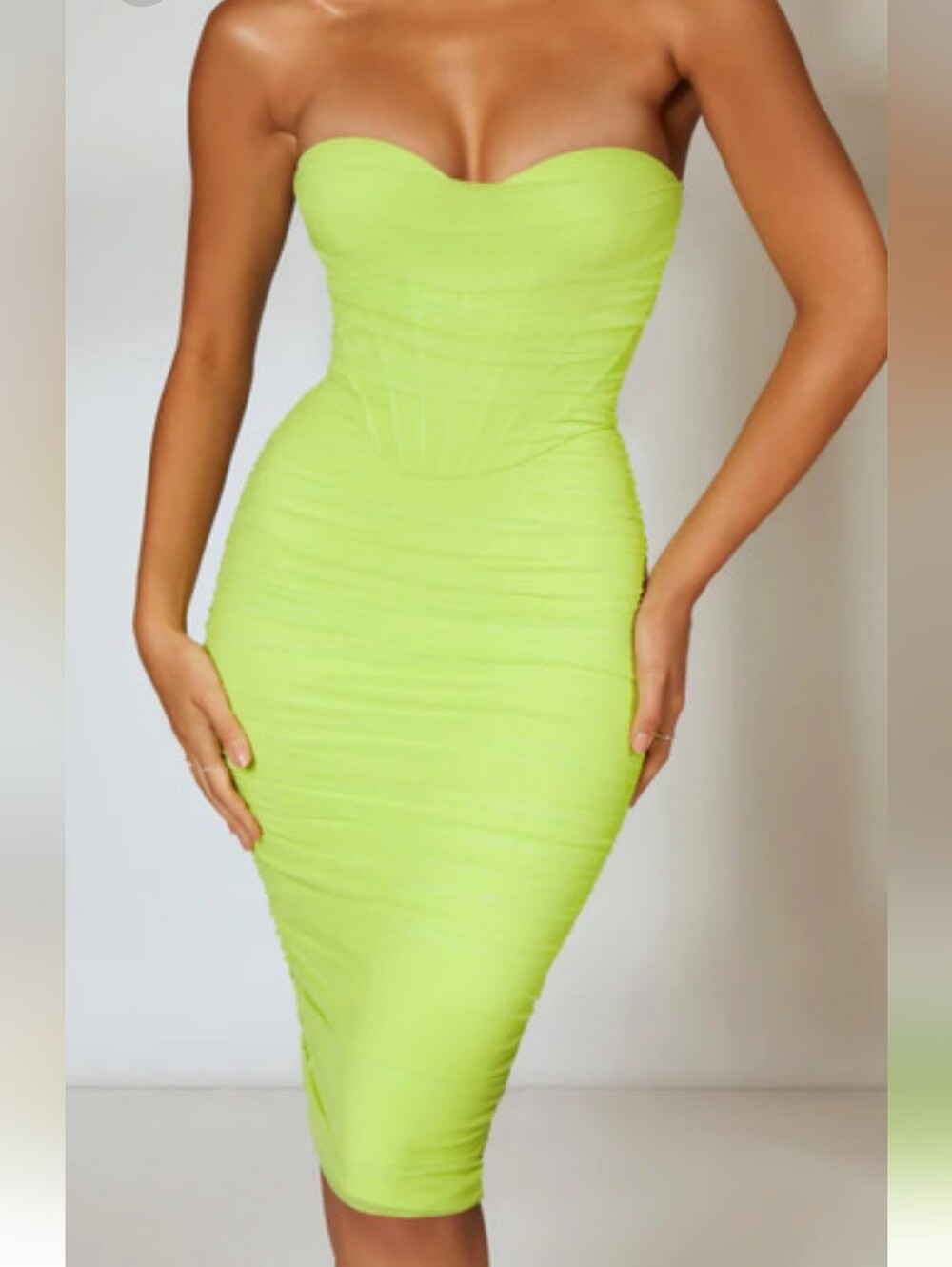 Oh Polly First Class Strapless Bodycon Dress With Corset Front in Neon Lime.